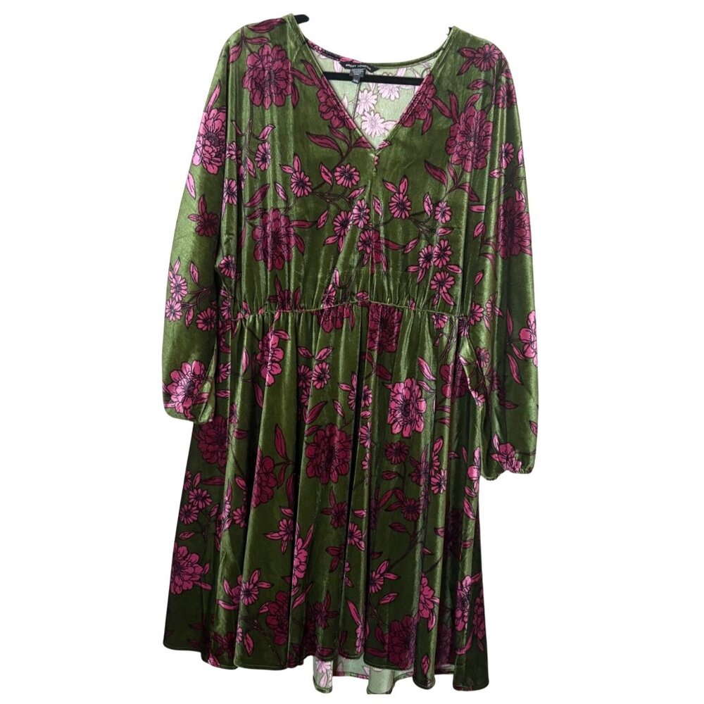 Maggy London Velvet Floral Fit Flare Dress Green Pink 3/4 Sleeve XXL Whimsigoth - Picture 2 of 5